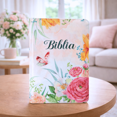 Biblie medie, piele ecologică, floral roz, fermoar, index, margini aurii, cuv. lui Isus cu rosu